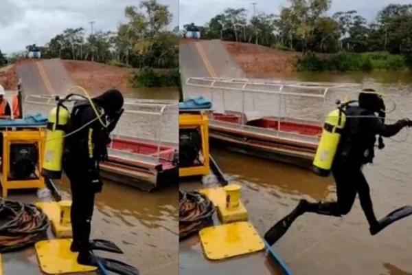 Imagem mostra mergulhador se dirigindo a corpo d'água para realizar resgate de ossada de vítima de desabamento de ponte - Metrópoles