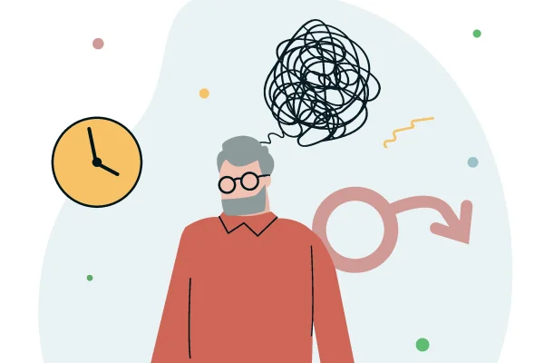 Ilustração mostra homem confuso, um relógio e o símbolo do sexo masculino torto, representando a Andropausa - Metrópoles