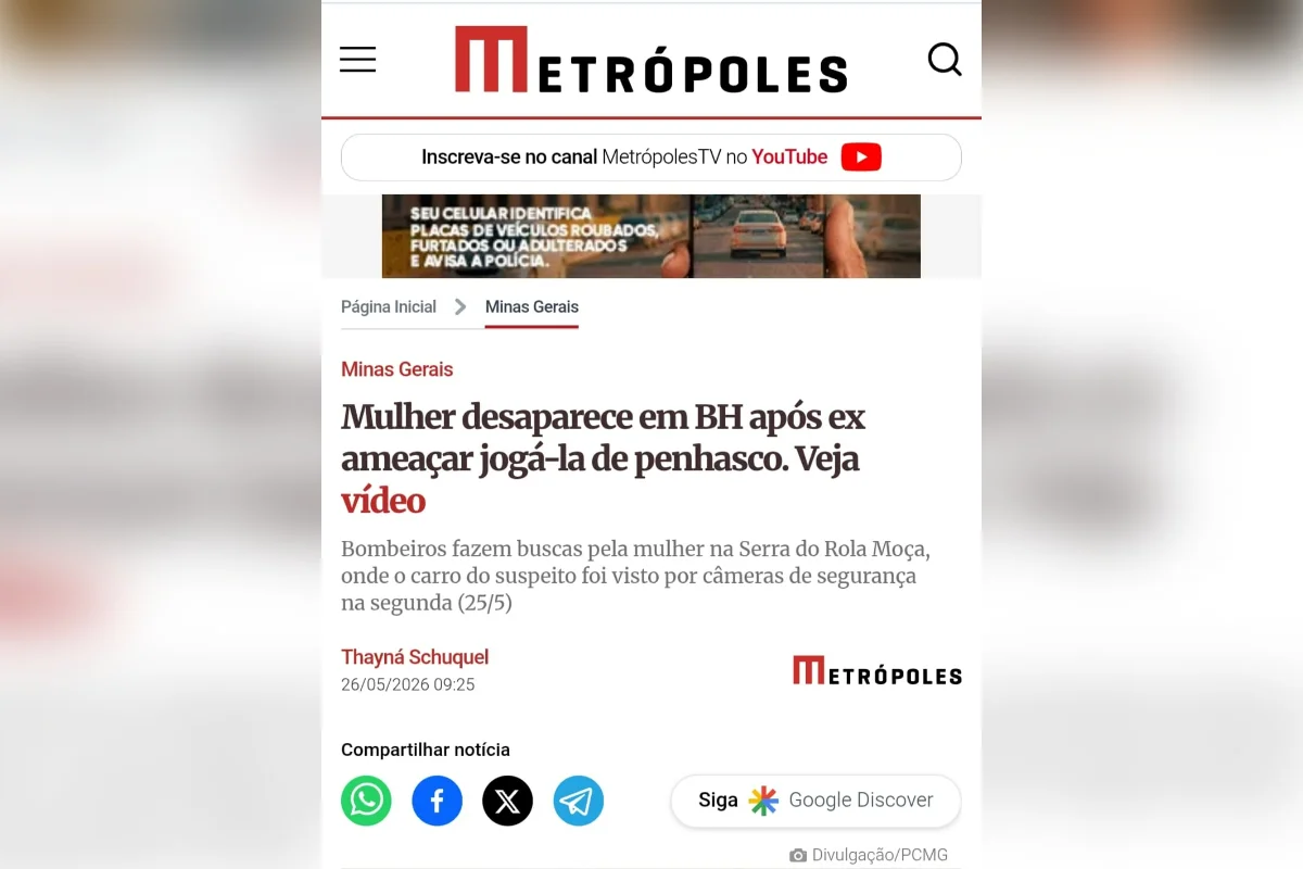 Matéria sobre mulher desaparecida e jogada em penhasco