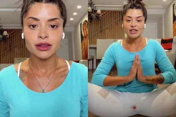 Aline riscado em live de yoga com a calça com marca de menstruação