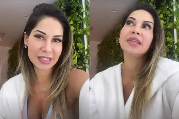 Montagem colorida com fotos de Maíra Cardi usando roupão - Metrópoles
