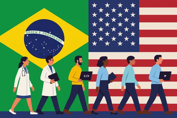 Imagem colorida que simula fuga de cérebros do BR para EUA - Metrópoles
