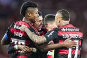 Flamengo players celebrate their goal against Santos