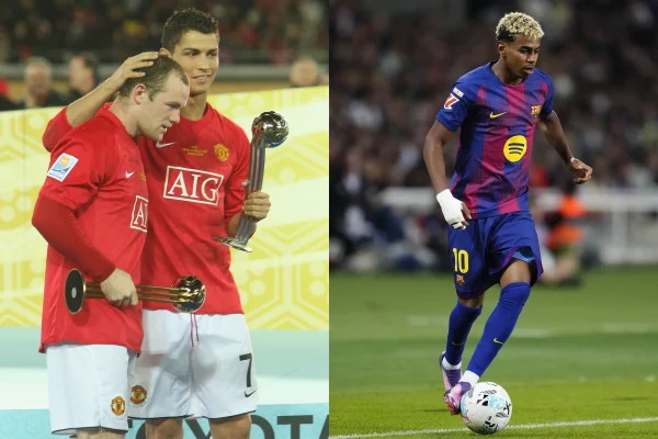 Foto colorida de Cristiano Ronaldo, Rooney e Yamal - Metrópoles