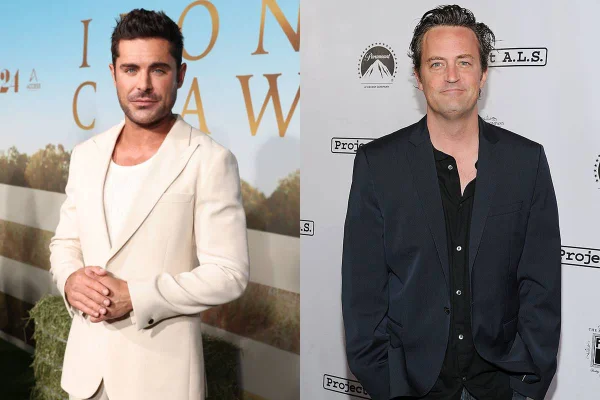 montagem com fotos de Zac Efron de terno bege e Matthew Perry de camisa e blazer escuros - metrópoles
