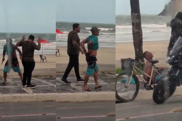 Imagem de montagem colorida de ladrão sendo flagrado assaltando. Metrópoles