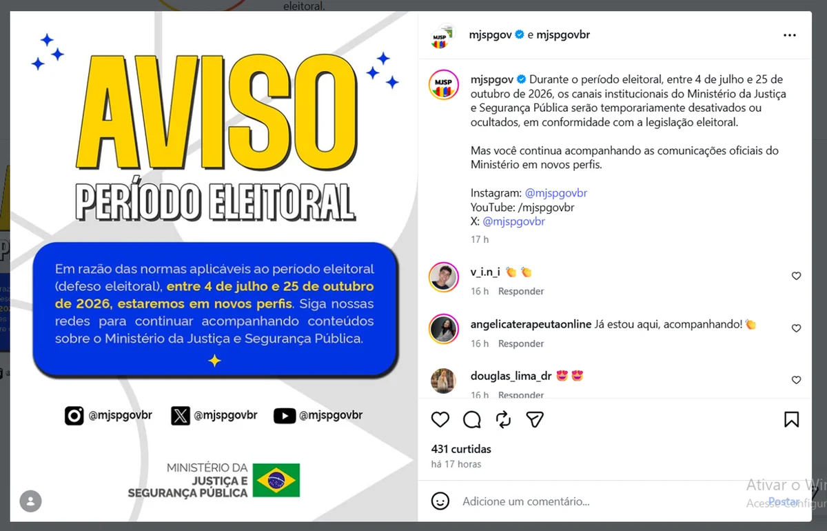 Aviso de desativação do perfil do Ministério da Justiça durante o período de defeso eleitoral Aviso de desativação do perfil do Ministério da Justiça durante o período de defeso eleitoral