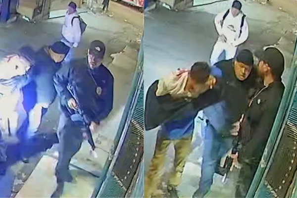 Montagem colorida mostra homens armados conduzindo pessoa algemada em viela de São Paulo.