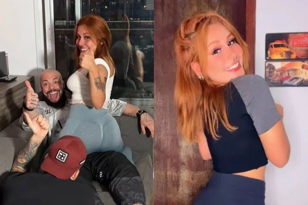 Montagem de duas fotos coloridas de uma mulher ruiva sozinha e outra dela acompanhada de dois homens em cima do sofá - Metrópoles