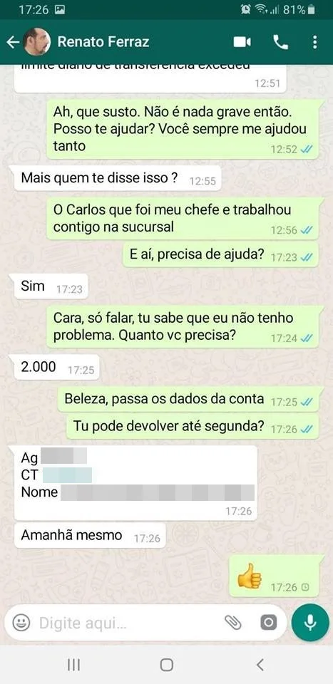 O golpista assumiu o controle da conta de WhatsApp de Renato O golpista assumiu o controle da conta de WhatsApp de Renato