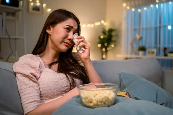 Foto colorida de asiática chorando ao ver filme na TV - Entenda por que filmes de ficção despertam emoções reais nos humanos - Metrópoles
