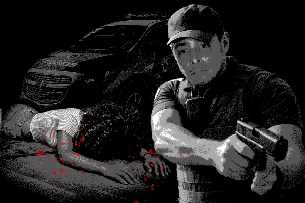Arte gráfica em preto de branco com PM empunhando arma, do lado direito. DO lado esquerdo, corpo feminino caído, com o rosto virado para o chão, atrás do qual há uma viatura policial - Metrópoles