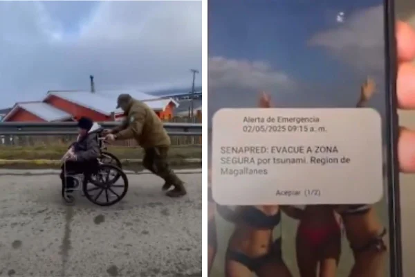 Montagem com fotos coloridas de moradores deixando cidade no Chile após ordem de evacuação total - Metrópoles
