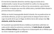 "Militão era impenetrável na ala. Suas contribuições ofensivas foram poucas e esporádicas, uma mera sombra do que fora no último terço do campo. No entanto, ele era um muro na defesa." "Militão era impenetrável na ala. Suas contribuições ofensivas foram poucas e esporádicas, uma mera sombra do que fora no último terço do campo. No entanto, ele era um muro na defesa."