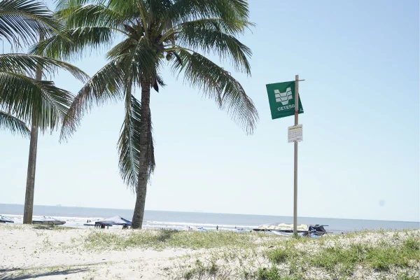 Imagem colorida mostra praia com bandeira verde da Cetesb. Metrópoles