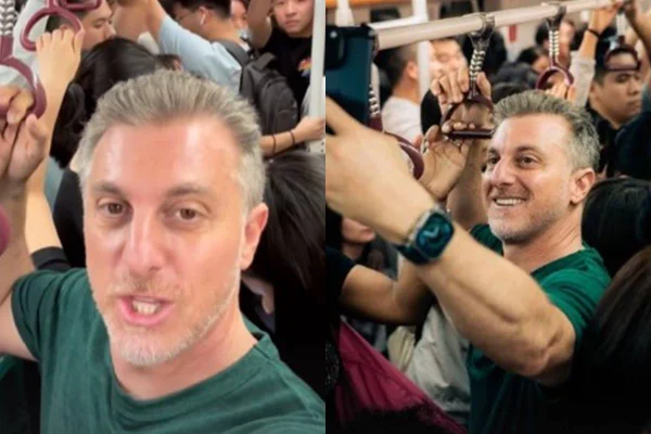 Foto colorida de Luciano Huck no metrô da China - Metrópoles