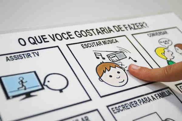Bruna elaborou cartazes para que aqueles impedidos de falar possam indicar com o dedo sobre como estão se sentindo e o que gostariam de fazer Bruna elaborou cartazes para que aqueles impedidos de falar possam indicar com o dedo sobre como estão se sentindo e o que gostariam de fazer