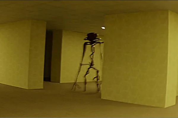 Imagem de robô caminhando em sala com paredes amareladas