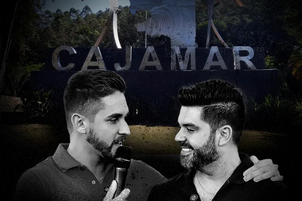 Fotomontagem do prefeito de Cajamar, Kauan Berto, ao lado do ex-prefeito Danilo Joan em frente ao letreiro da cidade - Metrópoles