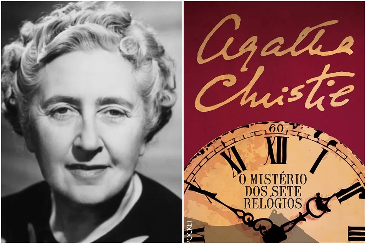 Agatha Christie e a capa do livro O Mistério dos Sete Relógios Agatha Christie e a capa do livro O Mistério dos Sete Relógios