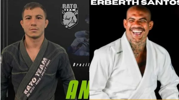 Montagem colorida de fotografias de dois lutadores de jiu-jitsu acusados de estupros e roubos