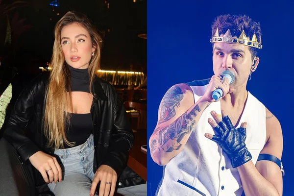 Montagem com fotos de Ana Cecília Maia e Luan Santana. Ela é branca, loira, veste uma camisa preta e calça jeans. O cantor está com uma coroa, camisa regata e é branco - Metrópoles