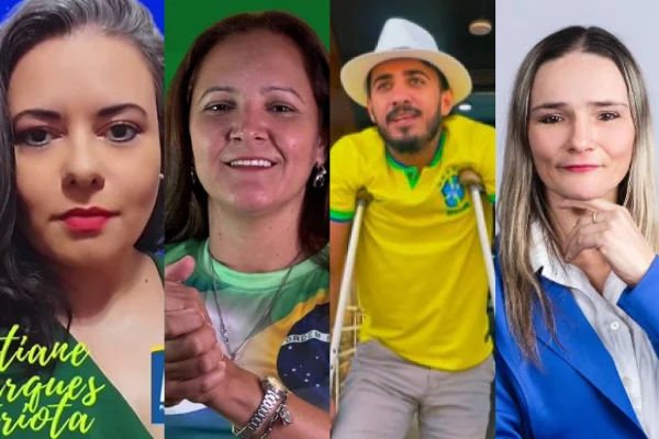 Montagem com fotos coloridas de candidatos presos no 8 de janeiro que usam nome patriota na campanha - Metrópoles