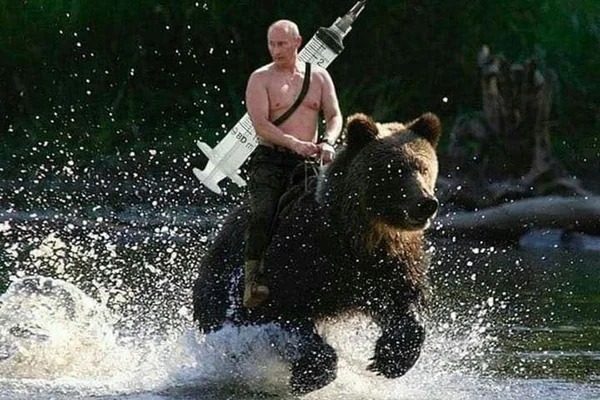 vladimir putin montado em urso com seringa nas costas
