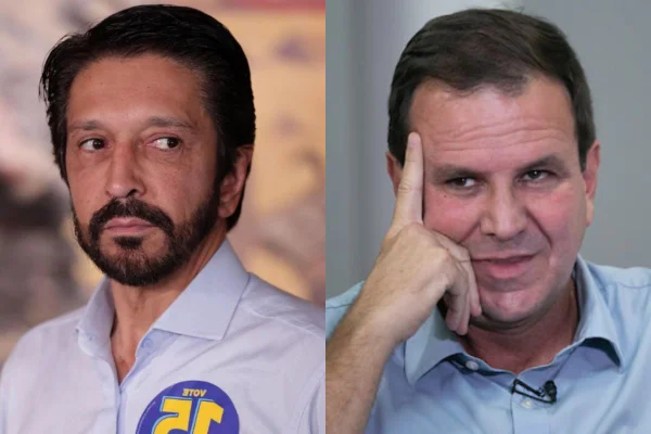 Montagem mostra duas fotos lado a lado. Do lado esquerdo, o prefeito de São Paulo Ricardo Nunes. Do lado direito, o prefeito do Rio de Janeiro Eduardo Paes