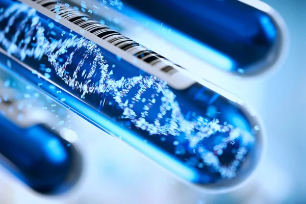 Ilustração de tubos de ensaio com líquido azul e desenho de RNA-DNA - Metrópoles.