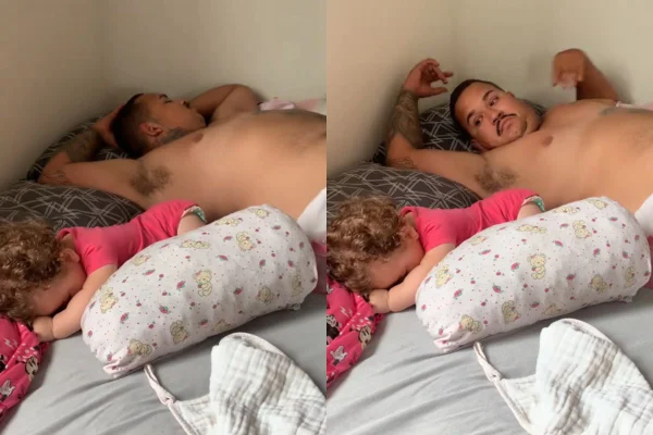 Foto colorida de um homem acordando e uma criança dormindo - Metrópoles
