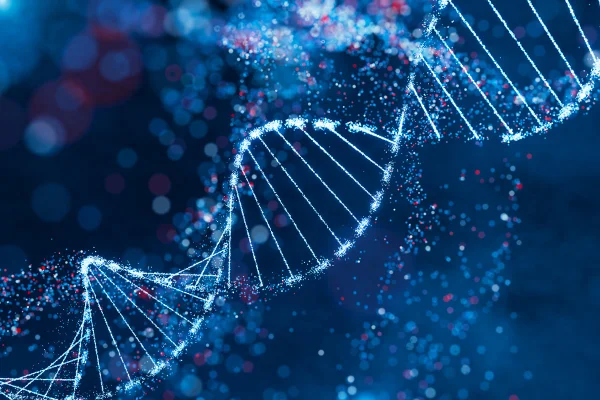 Estrutura de hélice de DNA brilhante em azul e vermelho. Conceito de alta tecnologia em pesquisa genética, bioinformática e biologia computacional. Design para contexto científico, pôster de estudo genômico e apresentação médica. Visualização abstrata com efeito bokeh e partículas dinâmicas.