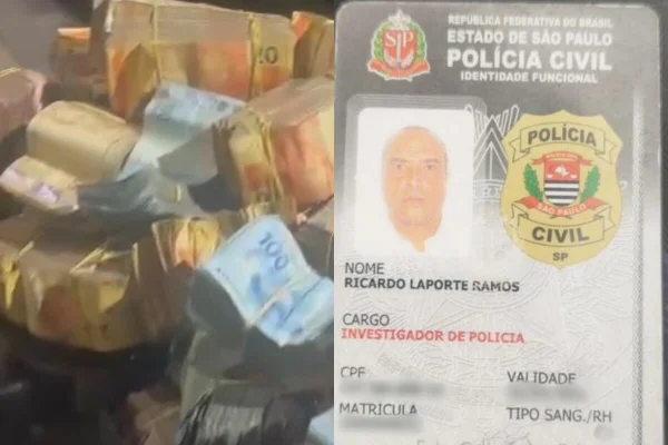 Reprodução colorida de maços de dinheiro. Destacada funcional de policial civil - Metrópoles