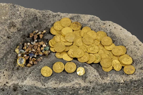 Imagem colorida de moedas de ouro e joias de 1,4 mil anos encontrados em Israel - Metrópoles