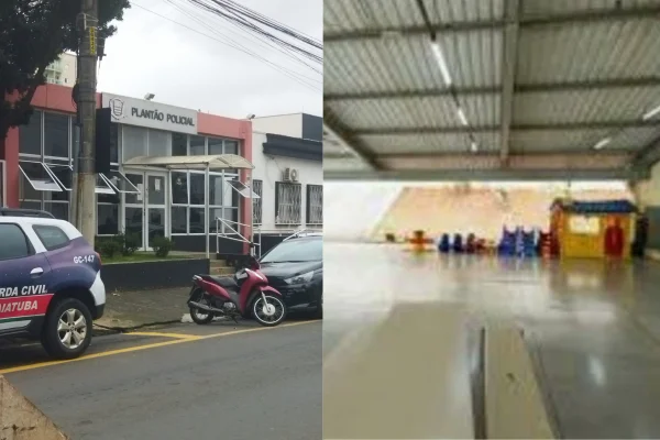 Imagem colorida de montagem com fachada da delegacia de Indaiatuba na esquerda e imagem de dentro da escola no lado direito. Metrópoles