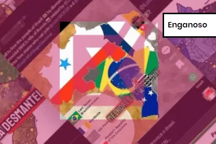 Montagem colorida de apuração do Projeto Comprova que mostra que homem que pede divisão do Brasil não tem vínculo com a Otan