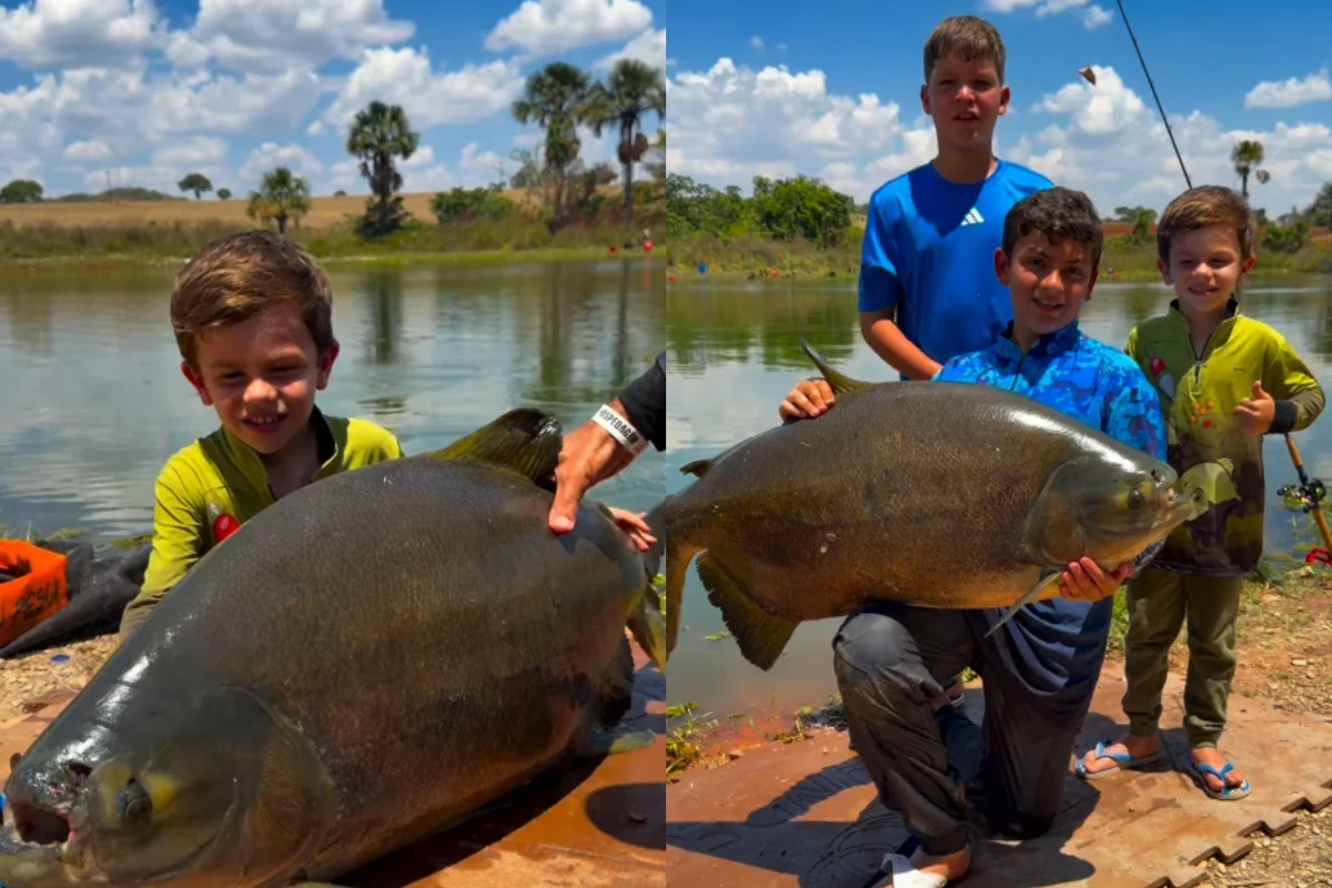 Menino de 4 anos pesca tambacu de 25 kg em Goiás