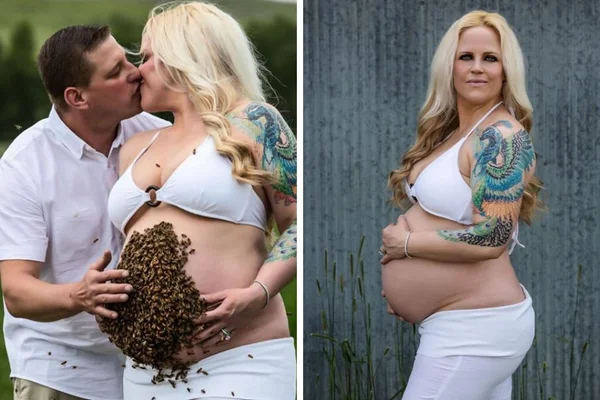 Mulher faz ensaio de gestante com 10 mil abelhas na barriga