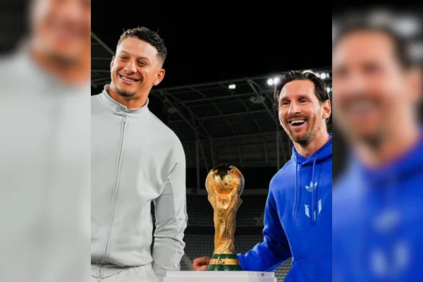Imagem colorida de Messi e Mahomes - Metrópoles
