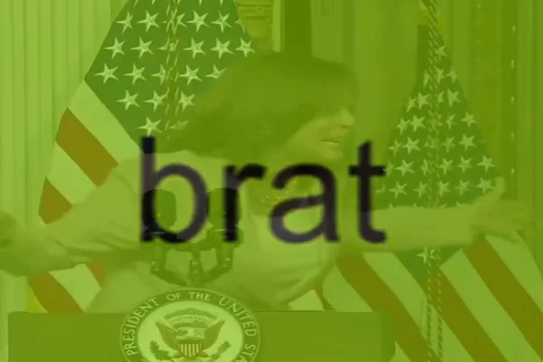 Kamala Harris com tela verde escrito brat