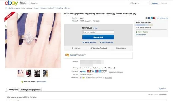 Mulher leiloa aliança no eBay após ex-noivo se assumir gay - destaque galeria Mulher leiloa aliança no eBay após ex-noivo se assumir gay - destaque galeria