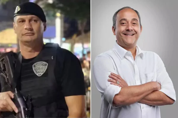 Imagens coloridas do secretário da Segurança Urbana de Ribeirão Pires (SP), Sandro Torres Amante, e do prefeito da cidade, Gusto Voli (PL). Sandro é acusado de integrar uma milícia, e Guto saiu em sua defesa.