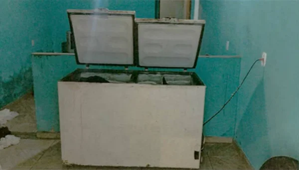Freezer em que açougueiro guardou partes de mulher esquartejada em Goiás. Ele aparece de tampas abertas numa sala vazia com paredes azuis - Metrópoles