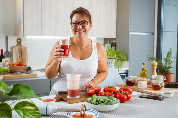Foto colorida de mulher em cozinha segurando um copo de suco. Ela está perto de uma bancada com tomates e verduras - Metrópoles