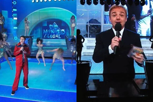 montagem com foto colorida de homem de roupa vermelha em palco com homem tocando guitarra e mulheres dançando ao fundo e gugu ao lado - metrópoles