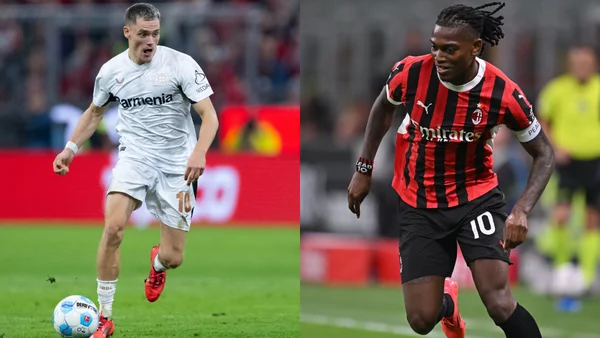 Montagem de fotos coloridas com Florian Wirtz, do Bayer Leverkusen, e Rafael Leão, do Milan - Metrópoles