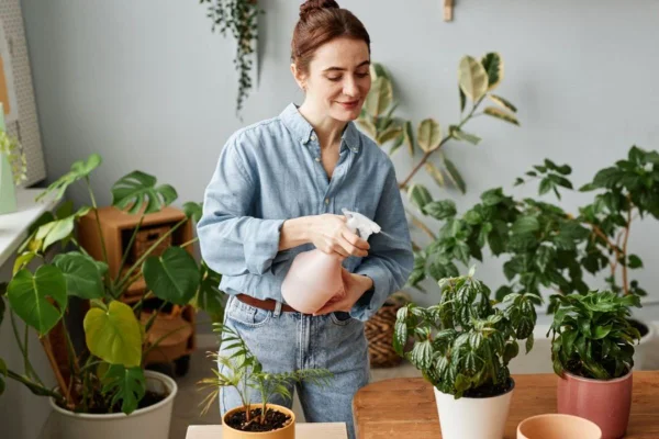 Mulher aguando plantas