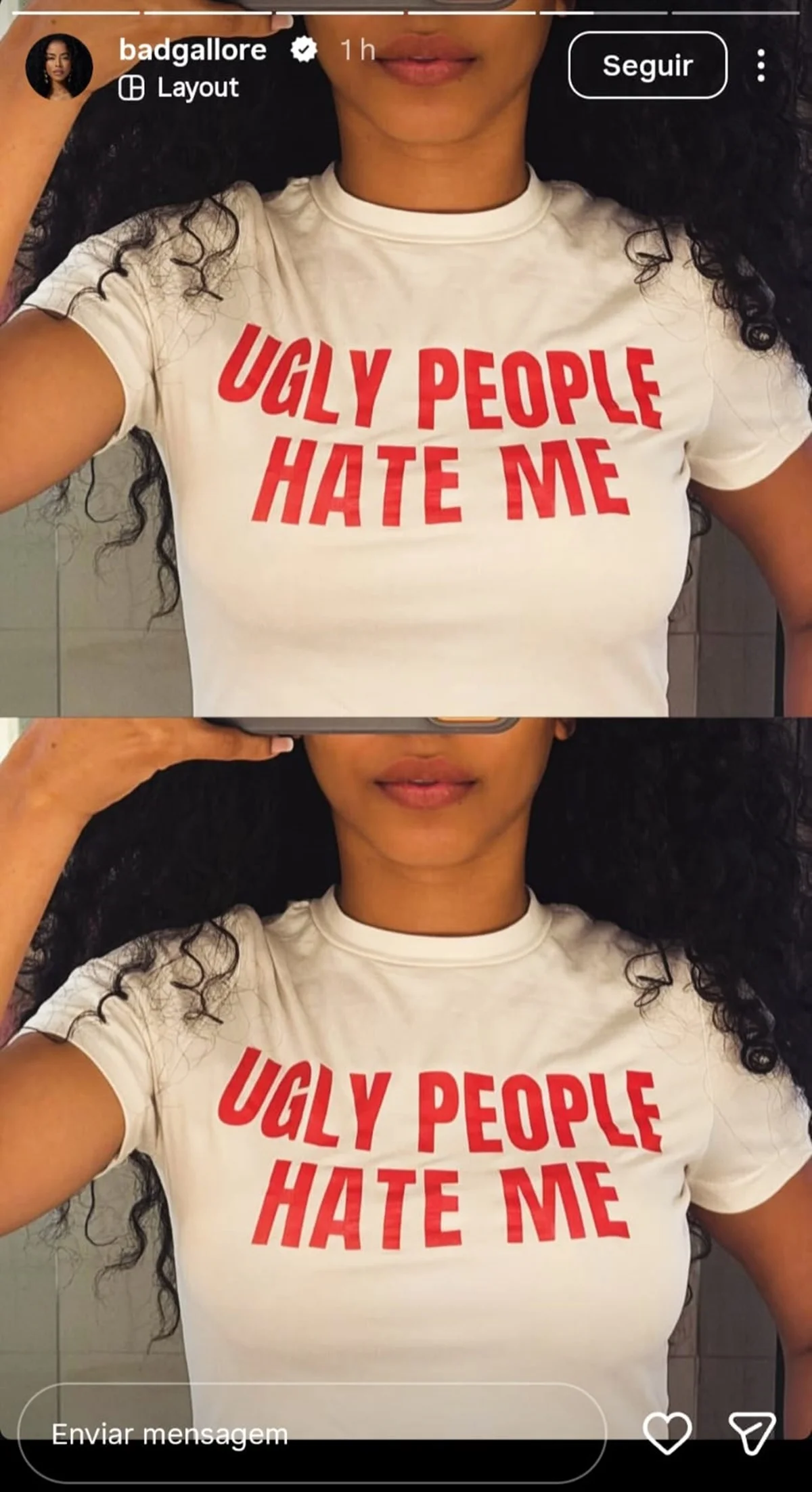 Lorena Maria posou com uma blusa escrito 'pessoas feias me odeiam' em inglês Lorena Maria posou com uma blusa escrito 'pessoas feias me odeiam' em inglês