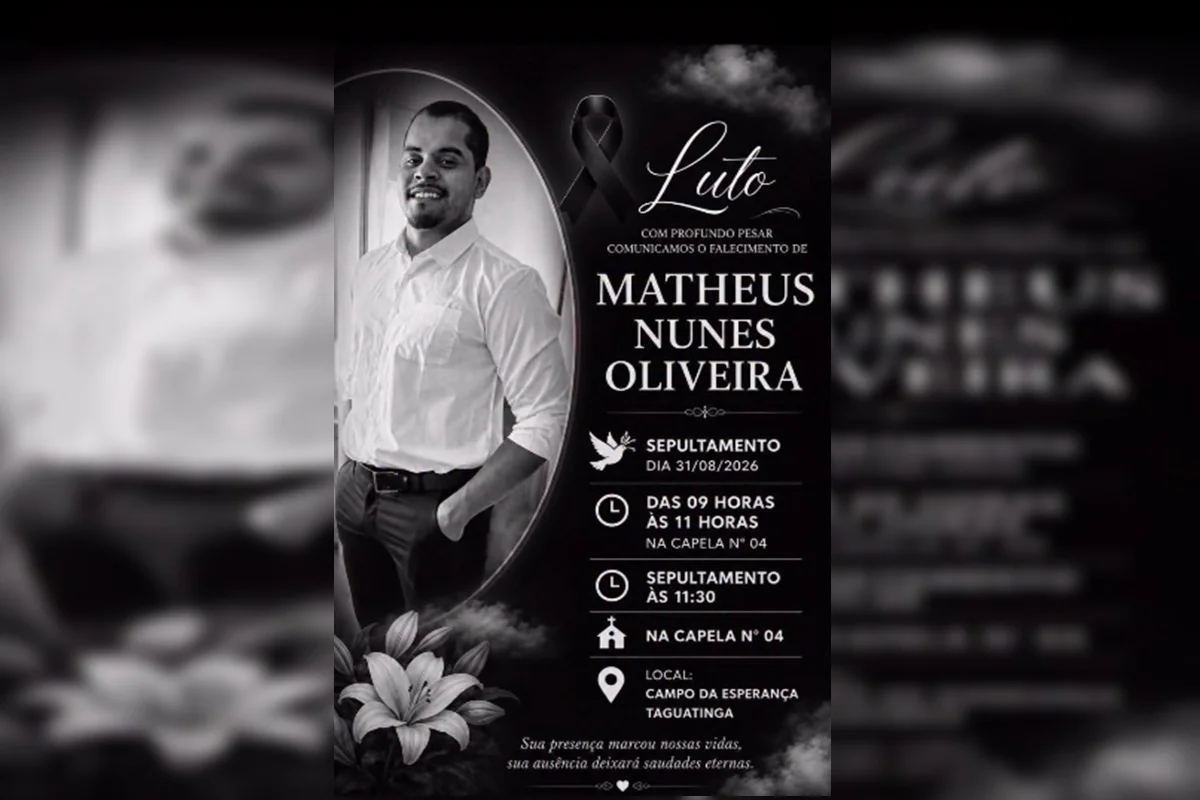 O velório de Matheus ocorre nesta segunda-feira (31/8), no Cemitério Campo da Esperança de Taguatinga O velório de Matheus ocorre nesta segunda-feira (31/8), no Cemitério Campo da Esperança de Taguatinga