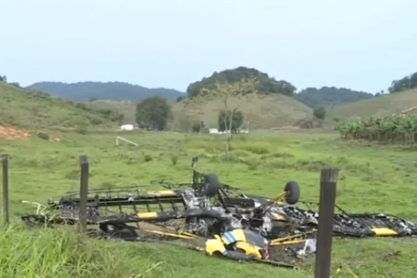 Imagem colorida de avião que caiu em fazenda no interior. Metrópoles